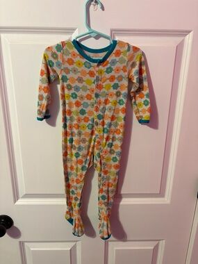 Floral Footed Baby One-Piece Pajamas in Teal Trim